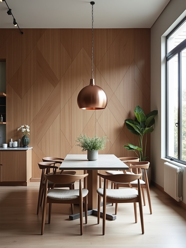 Modern dining room featuring geometric wood panels in a chevron pattern on an accent wall.