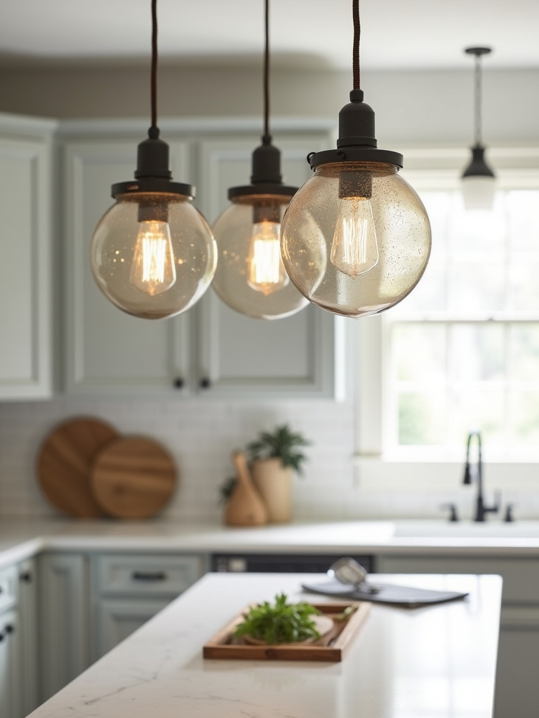 Farmhouse kitchen island illuminated by globe pendant lights with seeded glass shades.