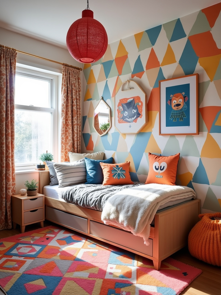 Bold kids bedroom with geometric patterned wallpaper, rug, and vibrant accents.