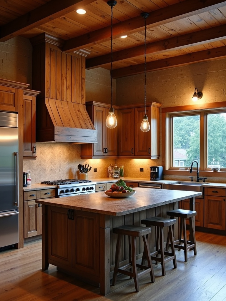 Spacious rustic kitchen featuring reclaimed wood cabinets and warm Edison bulb pendant lighting over a kitchen island.
