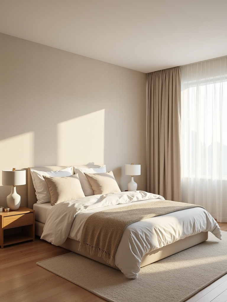 A warm and elegant bedroom featuring light beige grasscloth wallpaper on all walls, bathed in soft morning light.