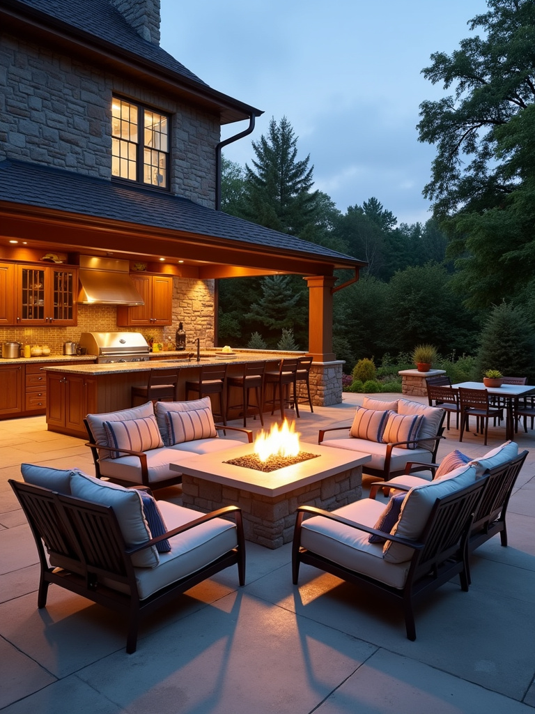 A luxurious outdoor kitchen and patio with a built-in grill, island seating, and lounge furniture around a fire pit, illuminated by warm evening light to create an inviting outdoor living space.