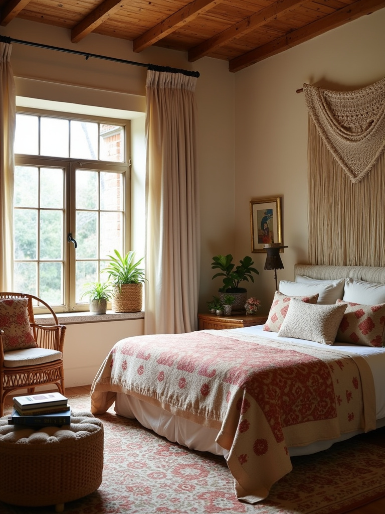 Bohemian bedroom with a large macrame wall hanging above the bed, natural light, and rattan furniture.