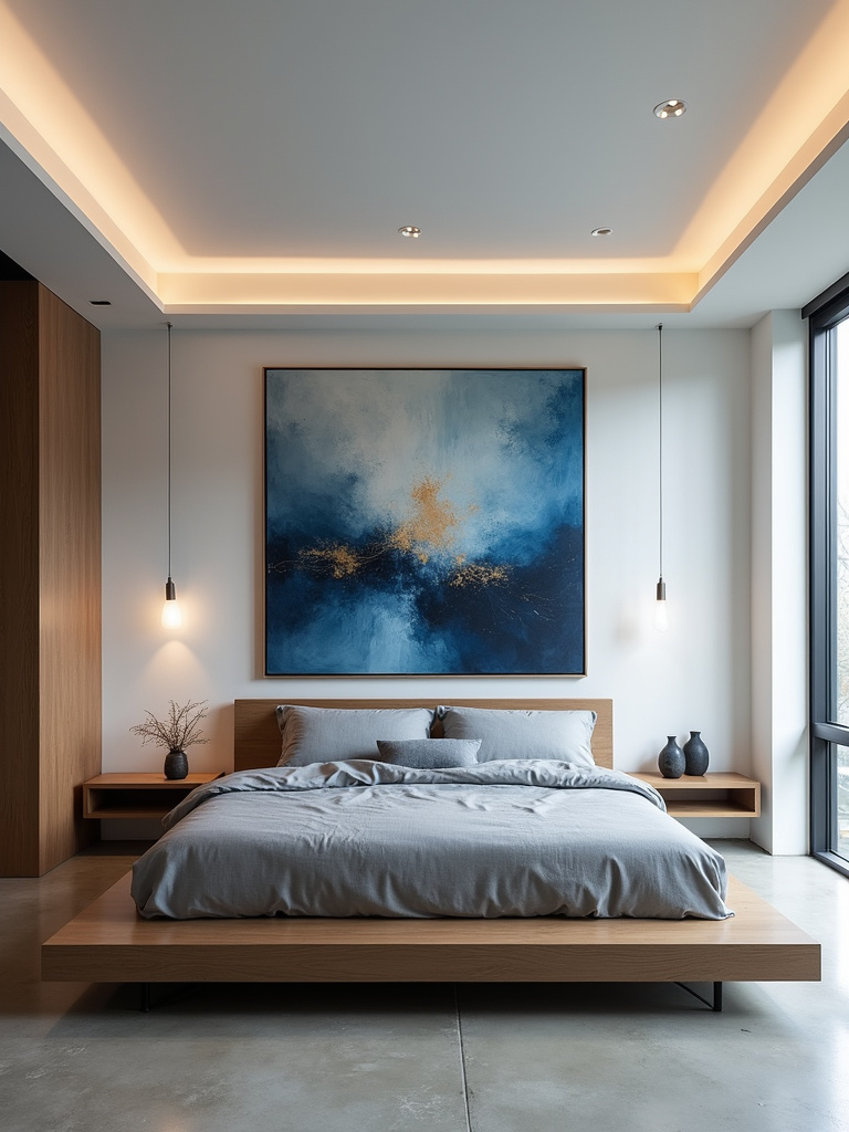 Modern minimalist bedroom with an oversized blue and gold abstract art piece above a gray platform bed.