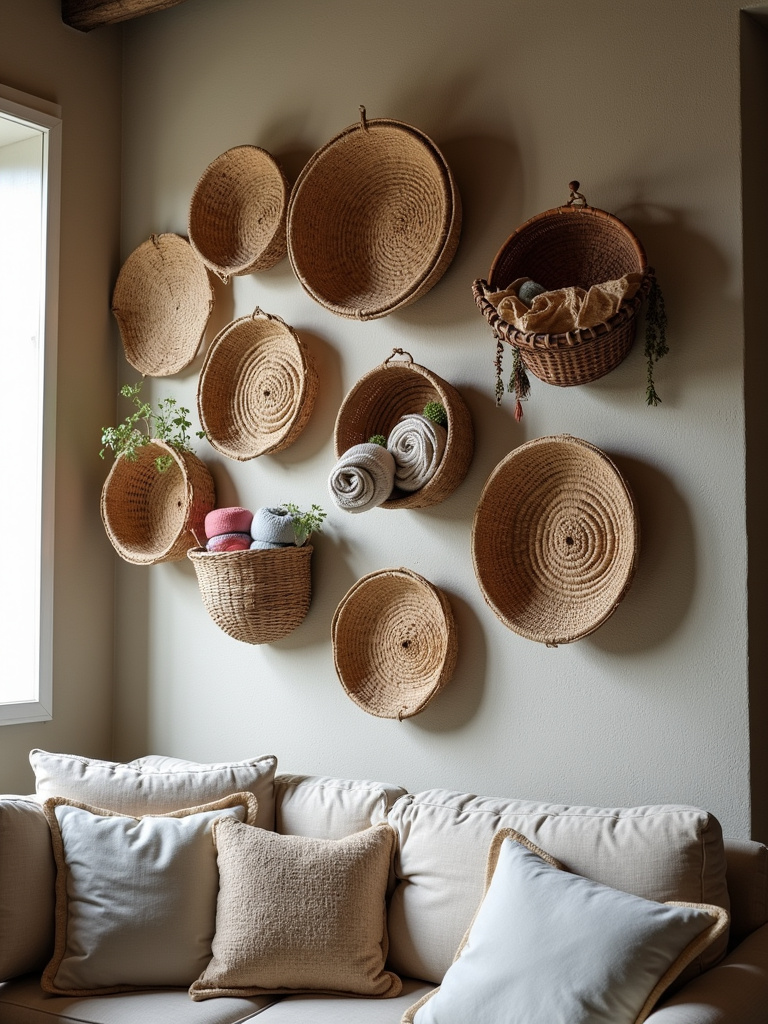 Rustic living room wall decorated with a variety of woven baskets used for storage and display.