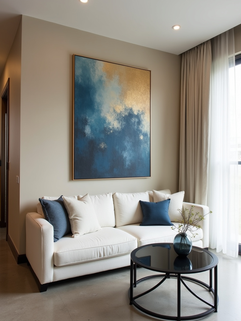 “A modern living room featuring an oversized abstract canvas in blue and gold tones above a white sofa, creating a bold focal point.”