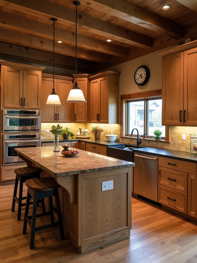 Rustic kitchen with natural wood grain cabinets highlighted by warm pendant lighting above a central island.