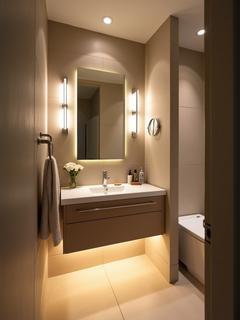 Small modern bathroom with layered lighting including recessed lights, vanity sconces, and under-vanity LEDs.