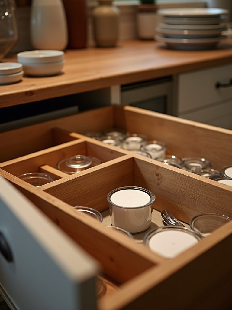 Organized interior of a rustic kitchen cabinet with wooden drawer dividers and neatly arranged kitchenware, softly illuminated from within.