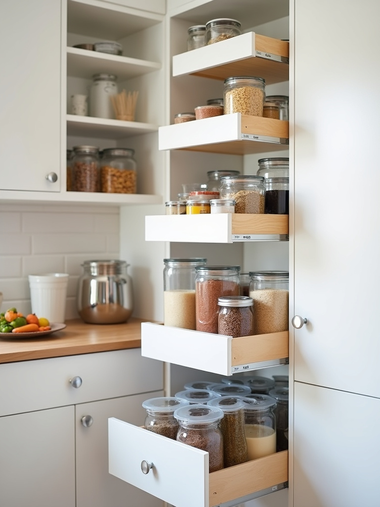 Well-organized minimalist kitchen pantry with pull-out drawers and shelves filled with neatly arranged food containers.
