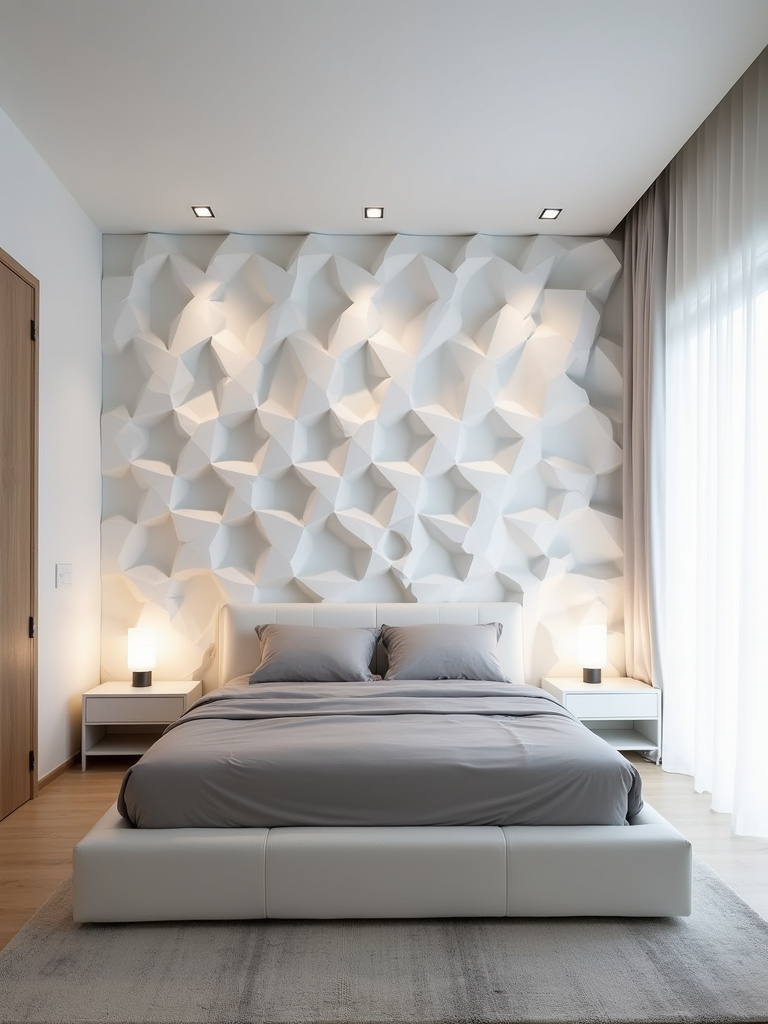 Modern bedroom with white geometric cube 3D wall panels, minimalist gray bedding, and platform bed.