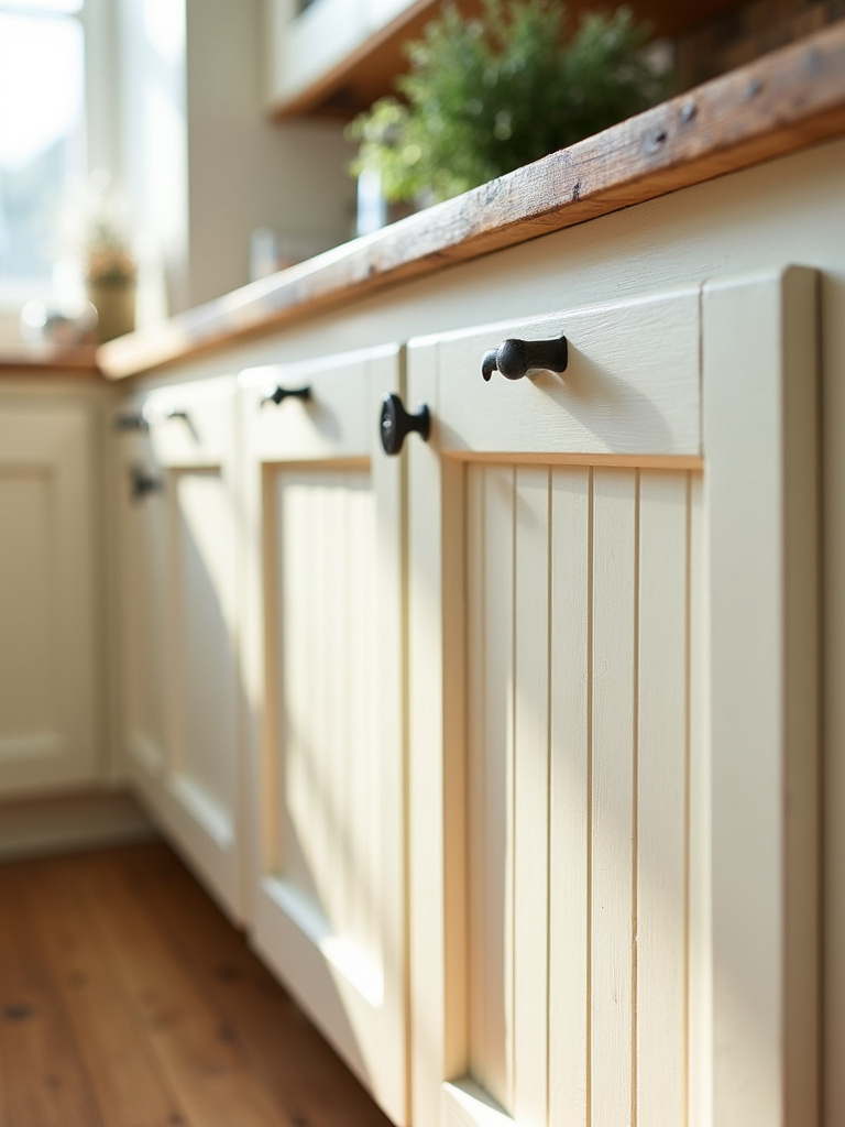 Close-up of soft cream-colored beadboard cabinet doors in a rustic kitchen, highlighted by natural window light.