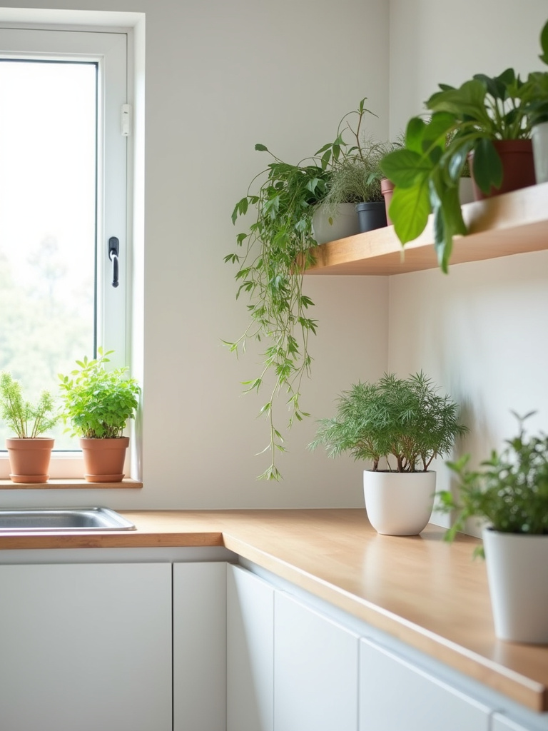 Minimalist kitchen with various indoor plants including potted herbs, succulents, and a small countertop plant, adding life and freshness to the space.