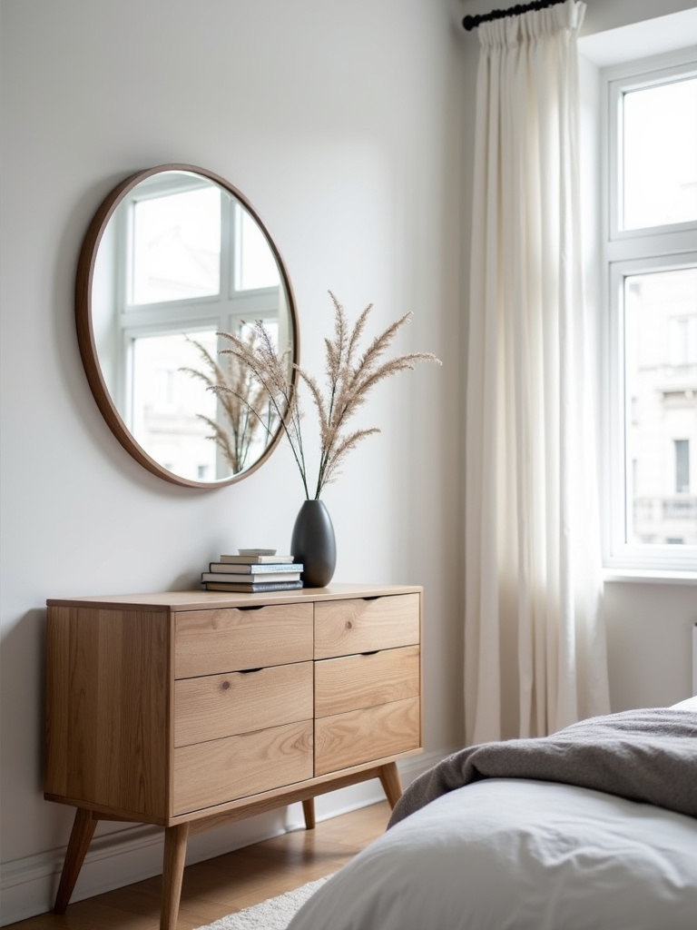 Scandinavian bedroom with a large round mirror above a wooden dresser, bathed in soft natural light.