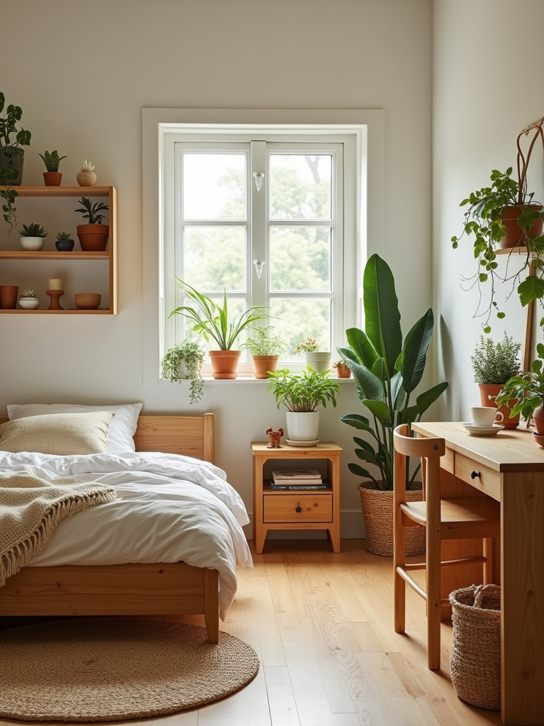 Natural kids bedroom with wooden furniture, potted plants, and warm textures.
