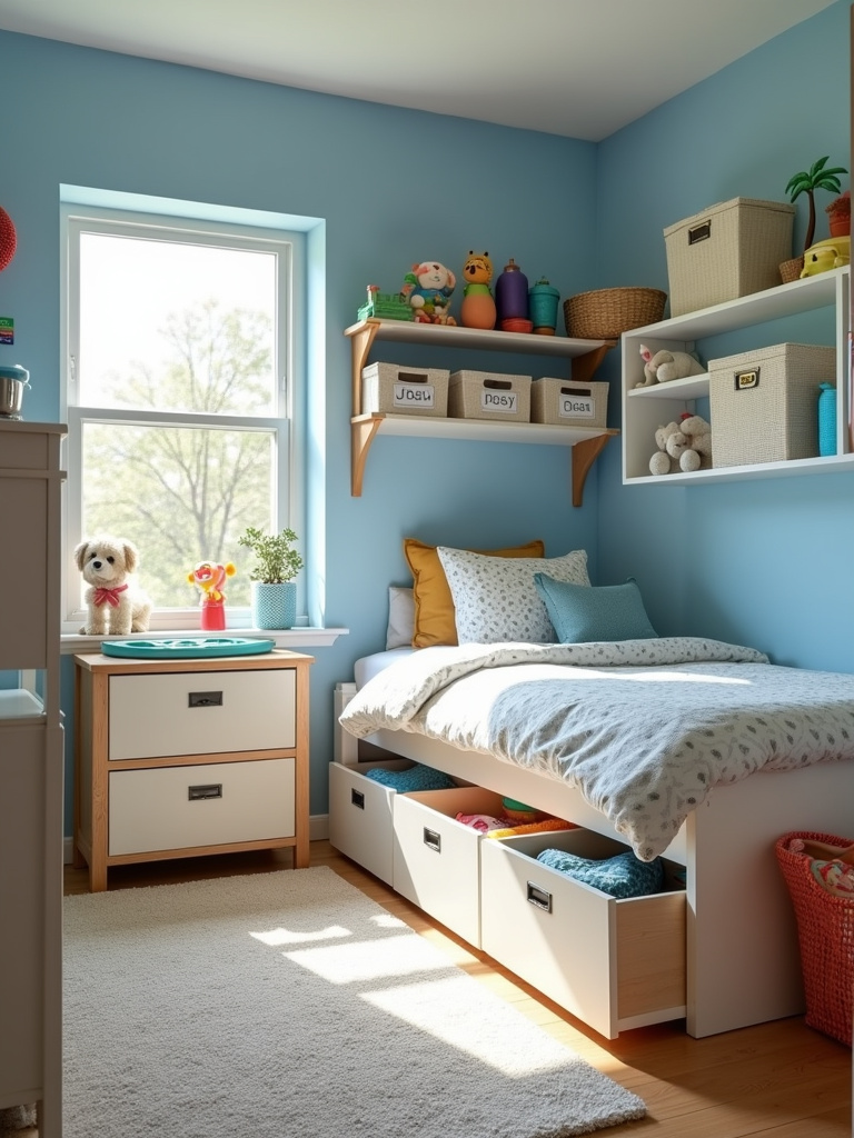 Organized kids bedroom with storage bed, labeled bins, and toy chest.