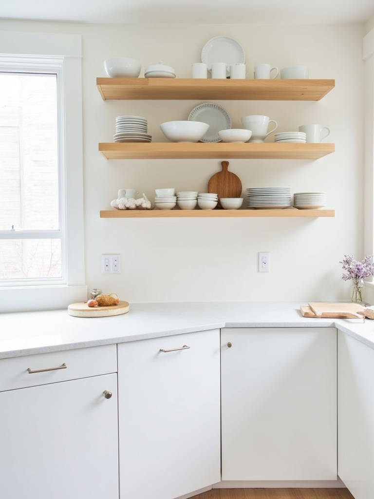 Minimalist kitchen with light wood open shelving displaying curated white dishes and glassware against a backdrop of white flat-panel cabinets.