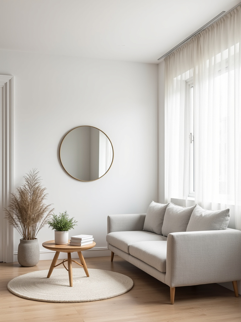 “A bright Scandinavian living room with a large round gold-framed mirror above a grey sofa, reflecting light from a window.”