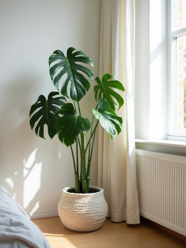 A bedroom corner featuring a large monstera plant in a decorative pot, bathed in natural light from a nearby window. The plant adds a touch of nature and freshness to the minimalist Scandinavian-style bedroom with light wood flooring and white walls.