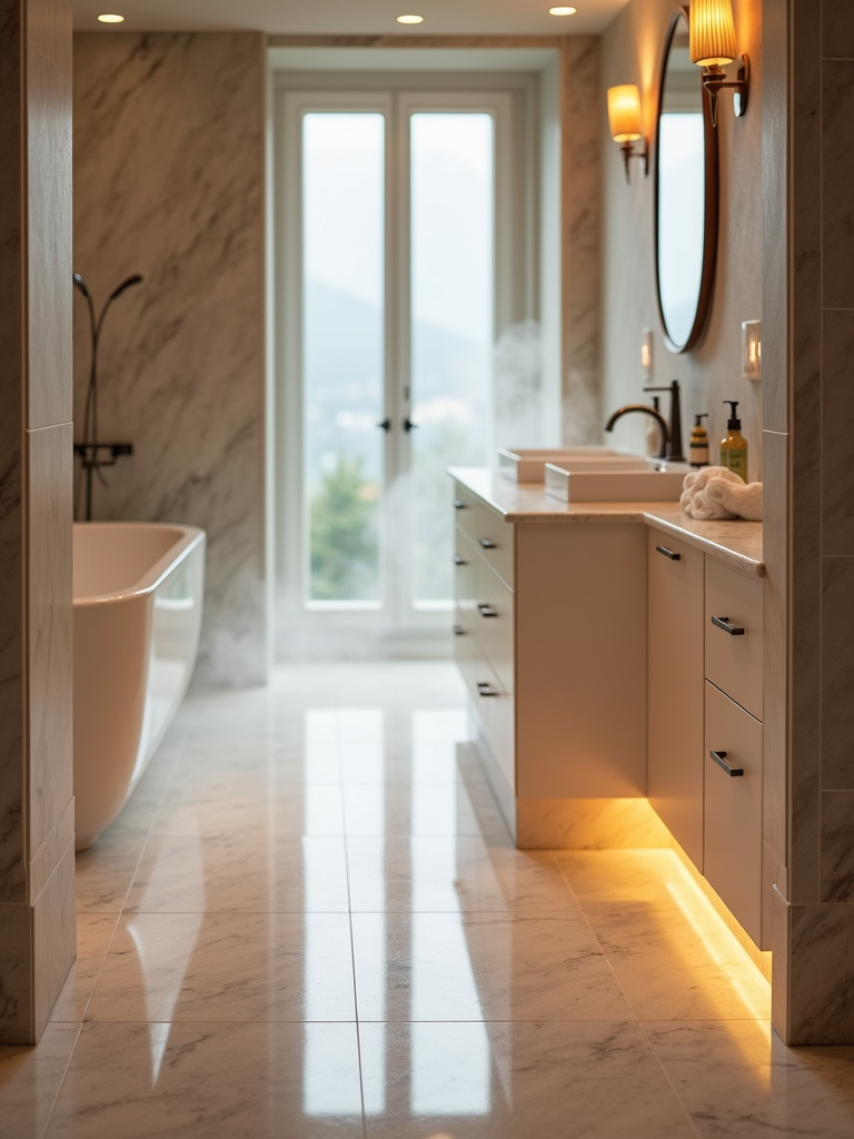 “A luxurious bathroom with marble tile flooring and subtle steam rising, illustrating the comfort and warmth of underfloor heating.”