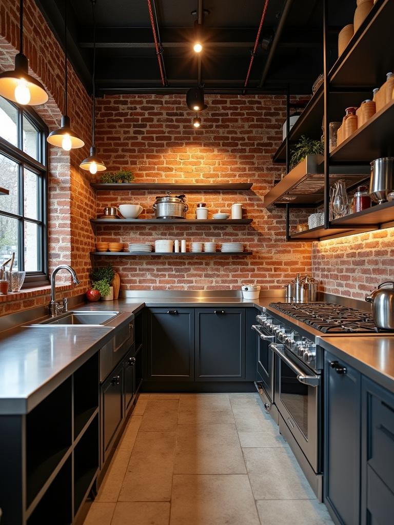 An industrial-style kitchen featuring exposed brick, stainless steel countertops, metal shelving, and industrial lighting, illuminated by warm directional spotlights to accentuate the raw textures and materials.