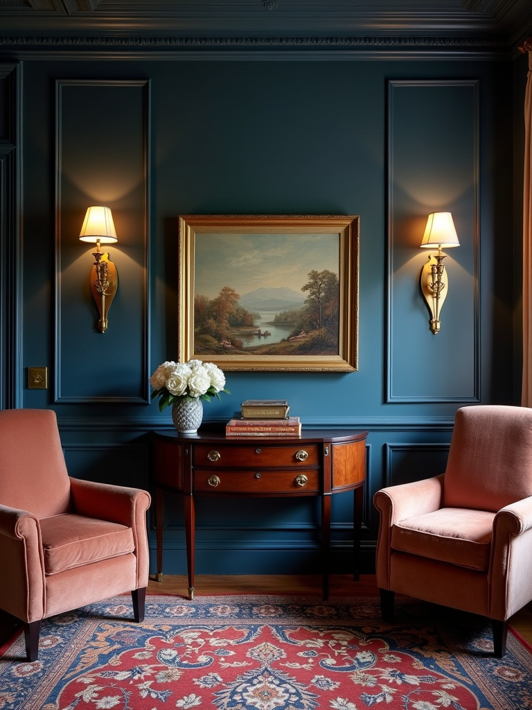 “A traditional living room with brass wall sconces flanking a framed painting above a console table, providing warm ambient lighting.”