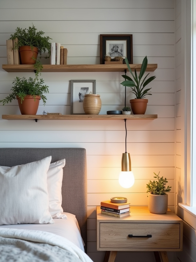 Modern farmhouse bedroom with floating shelves above a bedside table, decorated with books, plants, and photos.