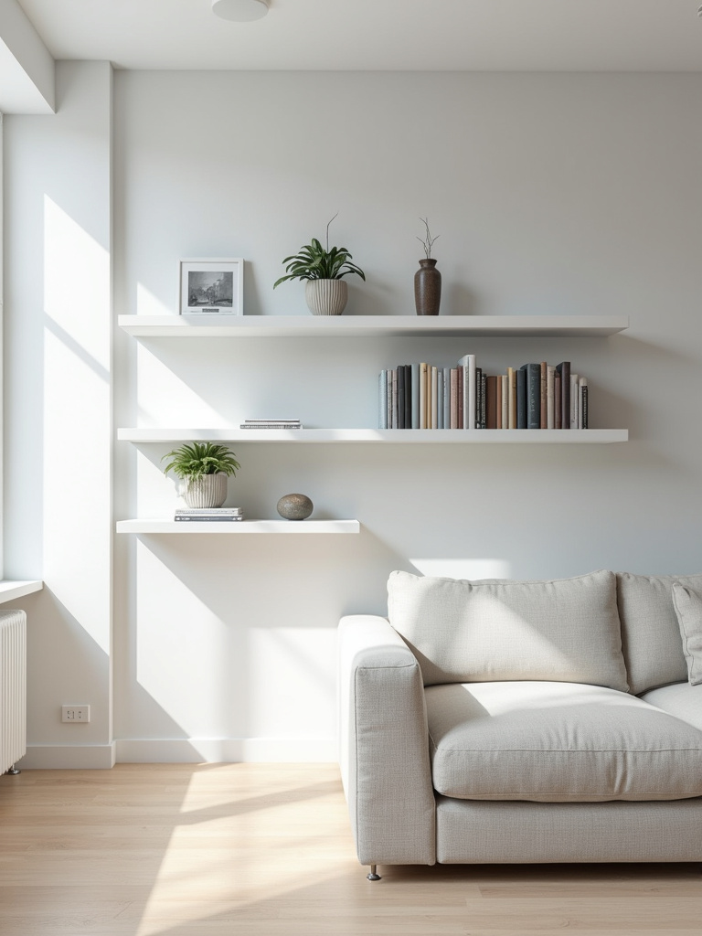 “A minimalist living room with white floating shelves displaying books, plants, and vases, creating a clean and organized wall display.”