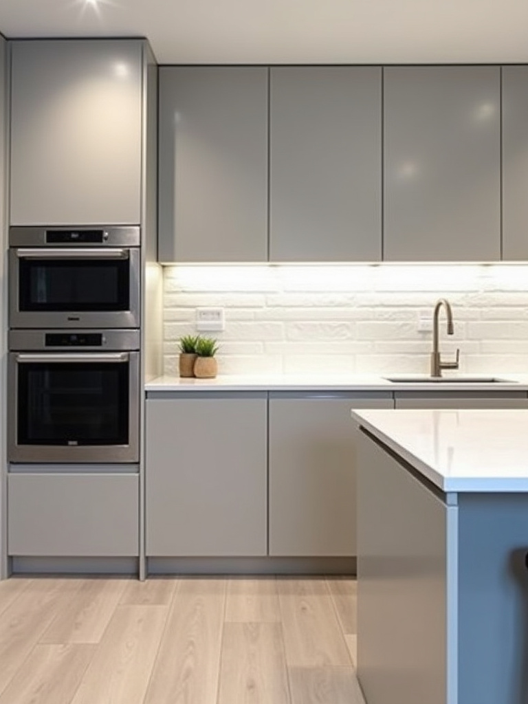 Minimalist kitchen with light gray flat-panel cabinetry and fully integrated appliances, featuring white quartz countertop and subway tile backsplash.