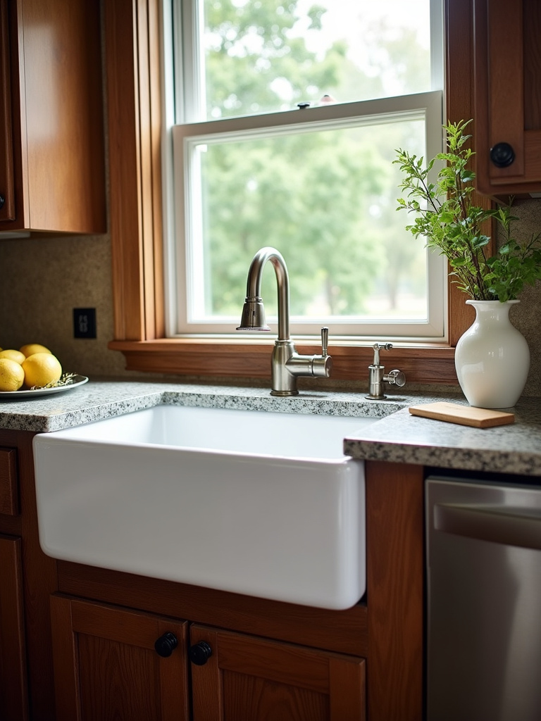 Close-up of a white farmhouse sink nestled in dark wood rustic kitchen cabinets, illuminated by natural light.