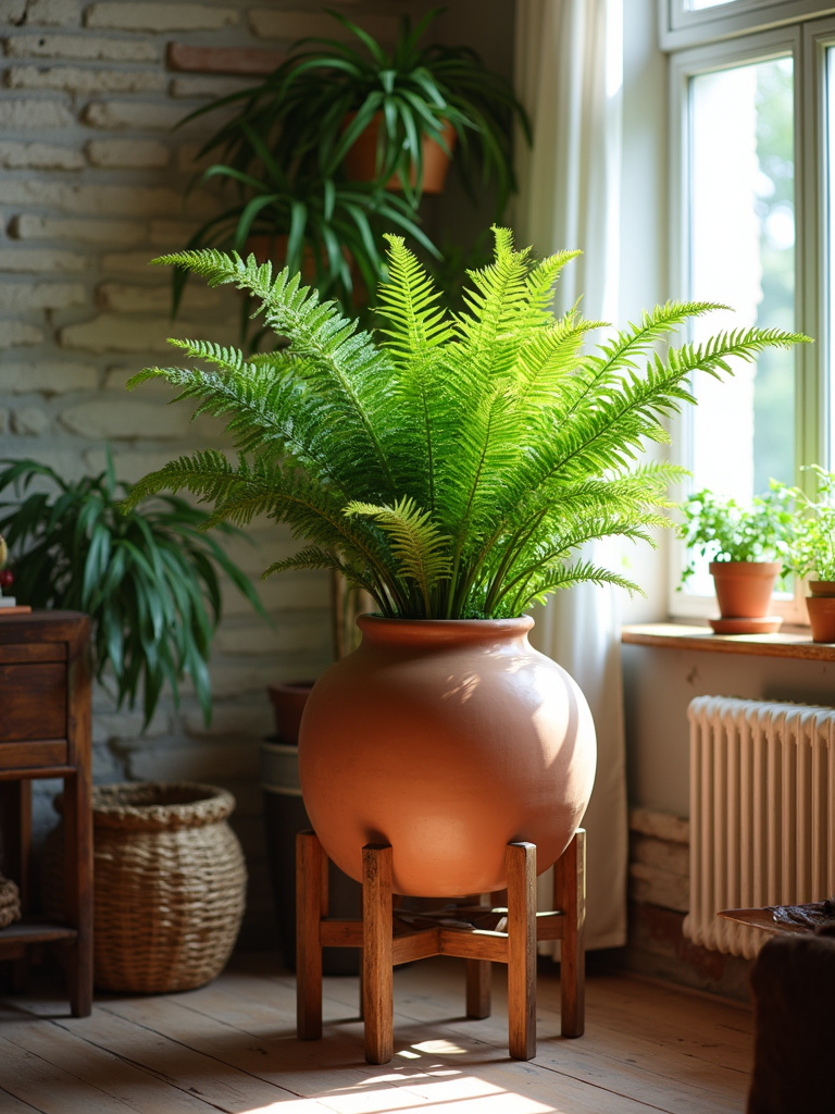 Rustic living room corner featuring a fern in a terracotta pot on a wooden stand, bathed in natural light.