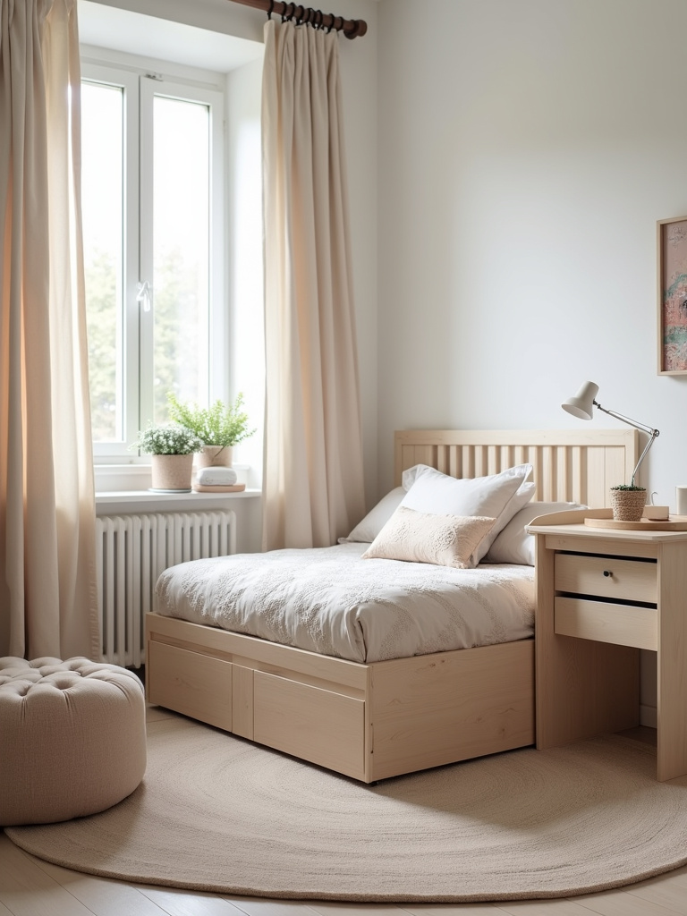 Kids bedroom with convertible crib/toddler bed, storage ottoman, and multifunctional furniture.