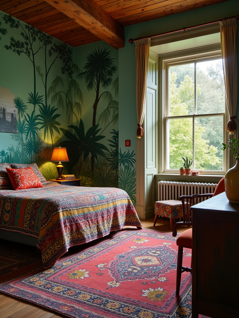 Eclectic bedroom with a hand-painted jungle mural, warm lighting, and bohemian textiles.