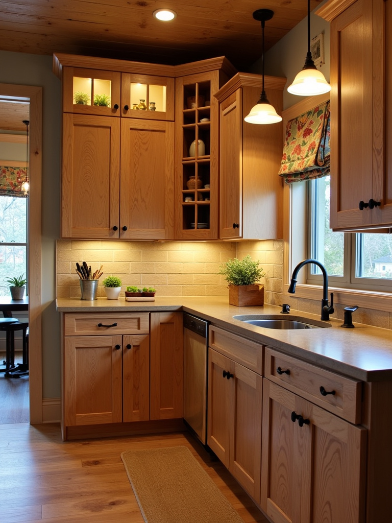 Rustic kitchen cabinets made of lightly stained oak wood, warmly lit by pendant lights above a countertop.