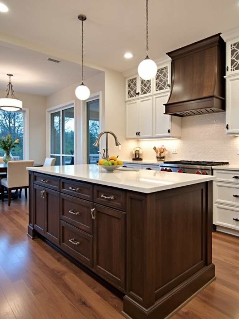 Transitional small kitchen featuring a dark wood kitchen island with white countertops and built-in drawers and cabinets for storage.