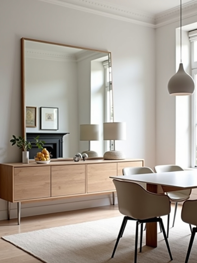 Modern dining room with a large mirror leaning against the wall, reflecting natural light and a window view.