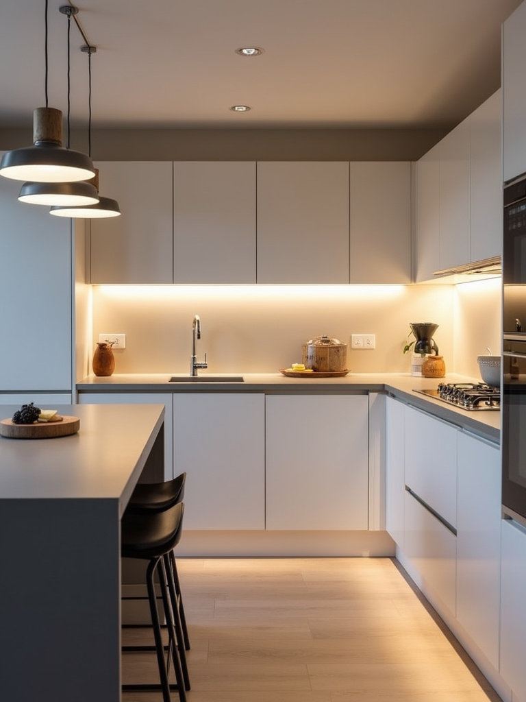 Minimalist kitchen illuminated by minimalist lighting fixtures: recessed lights, pendant lights over island, and under-cabinet lighting.