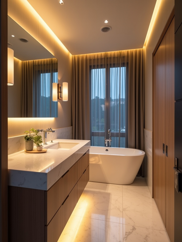 “A stylish modern bathroom demonstrating layered lighting, with recessed lights, vanity sconces, and under-cabinet accent lights, creating a warm and inviting atmosphere.”