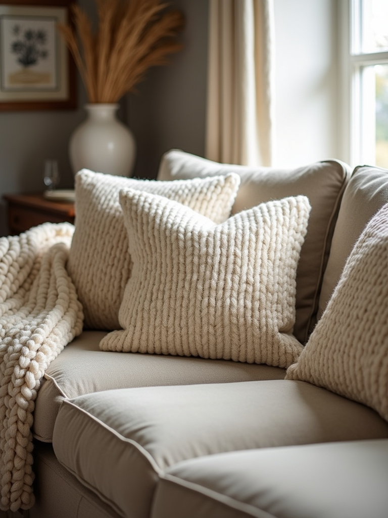 Close-up of a rustic sofa decorated with chunky knit pillows and a throw, highlighting the cozy texture.