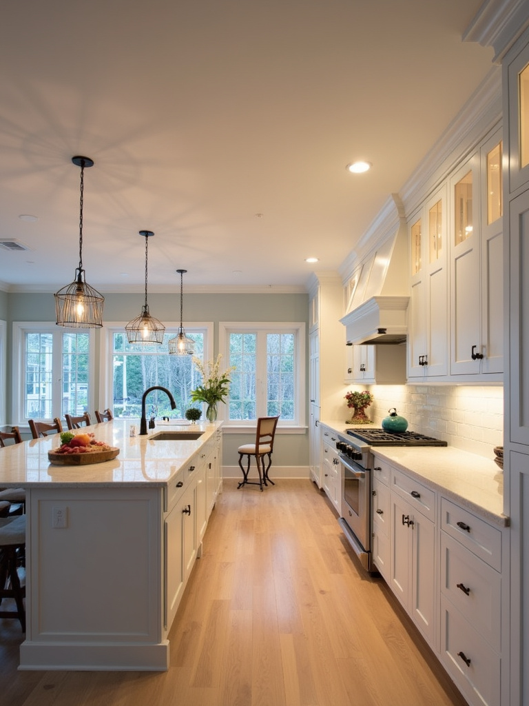 Farmhouse kitchen with layered lighting: pendant lights, sconces, and recessed lights creating balanced illumination.