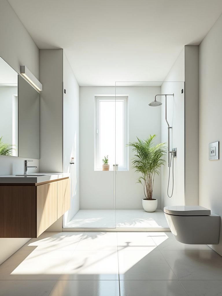 “A modern and airy bathroom showcasing an optimized layout with wall-mounted vanity and glass shower, emphasizing efficient use of space.”