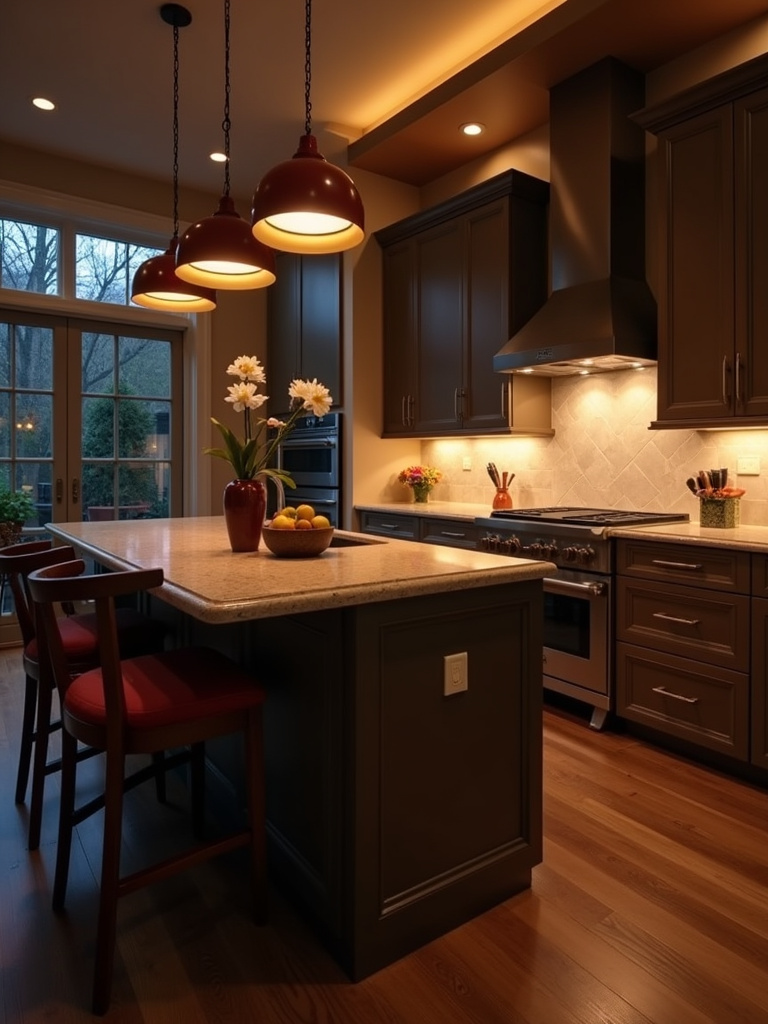 A stylish kitchen at twilight, illuminated by statement pendant lights over the island and warm under-cabinet LEDs highlighting the backsplash, creating a dramatic and inviting ambiance.