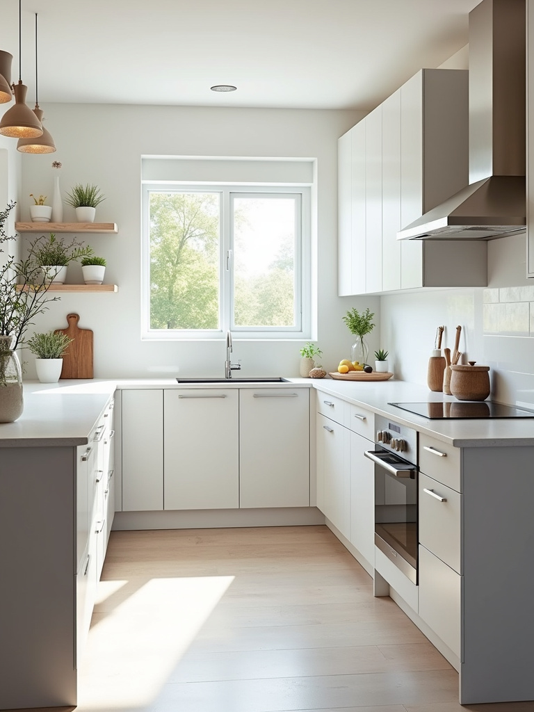 Bright modern small kitchen with white walls and light gray cabinets, showcasing light paint colors that expand the space.