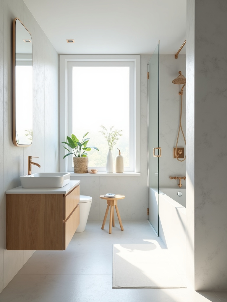 Small modern bathroom with a bright and airy color palette of whites and light grays.