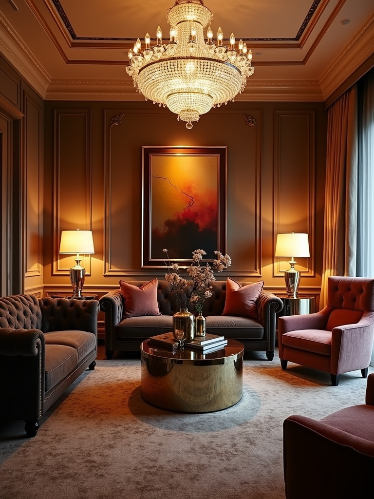 “Luxurious glam living room with a velvet sofa, mirrored coffee table, crystal chandelier, and metallic accents.”