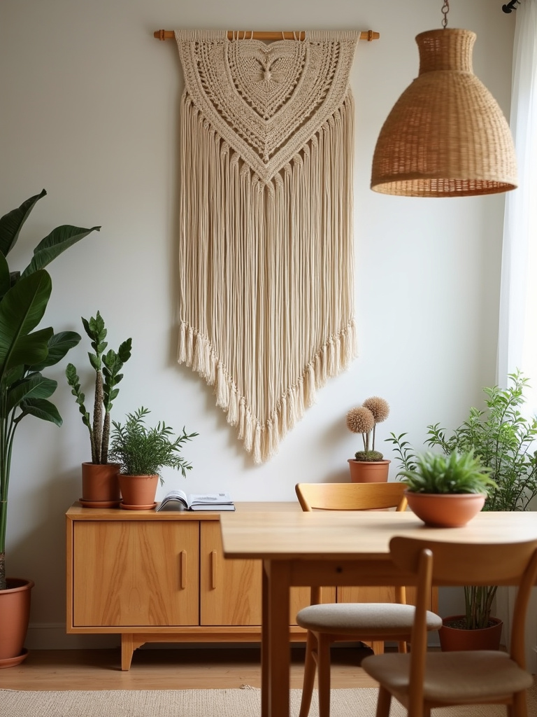Bohemian dining room featuring a large macrame wall hanging above a sideboard and rattan pendant light.