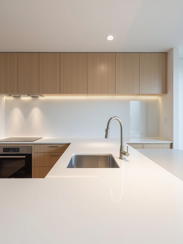 Minimalist kitchen with completely clear white quartz countertops, flat-panel light wood cabinets, and stainless steel fixtures.