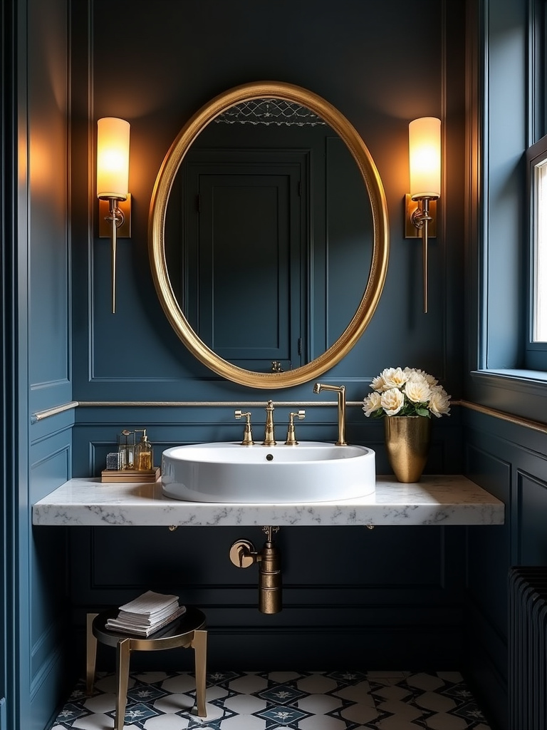 Art deco bathroom with a large round gold-framed statement mirror above the vanity.