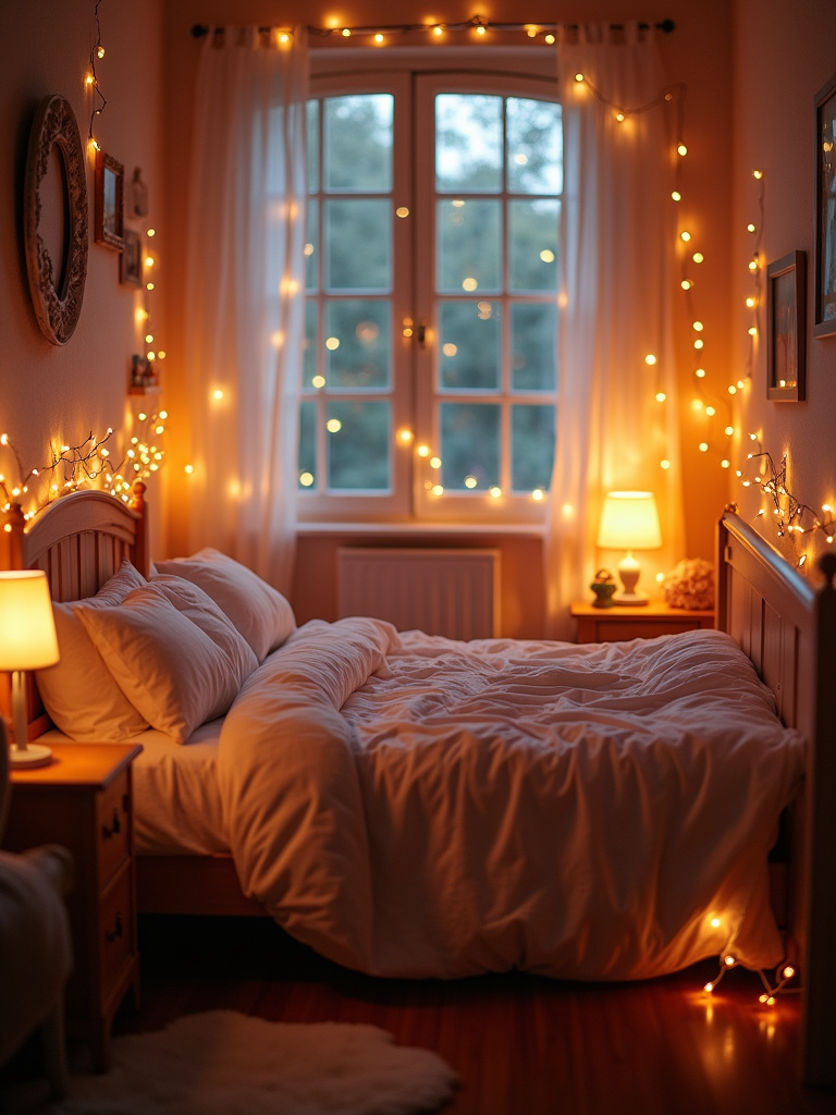 Magical kids bedroom with soft lighting from fairy lights and bedside lamp.