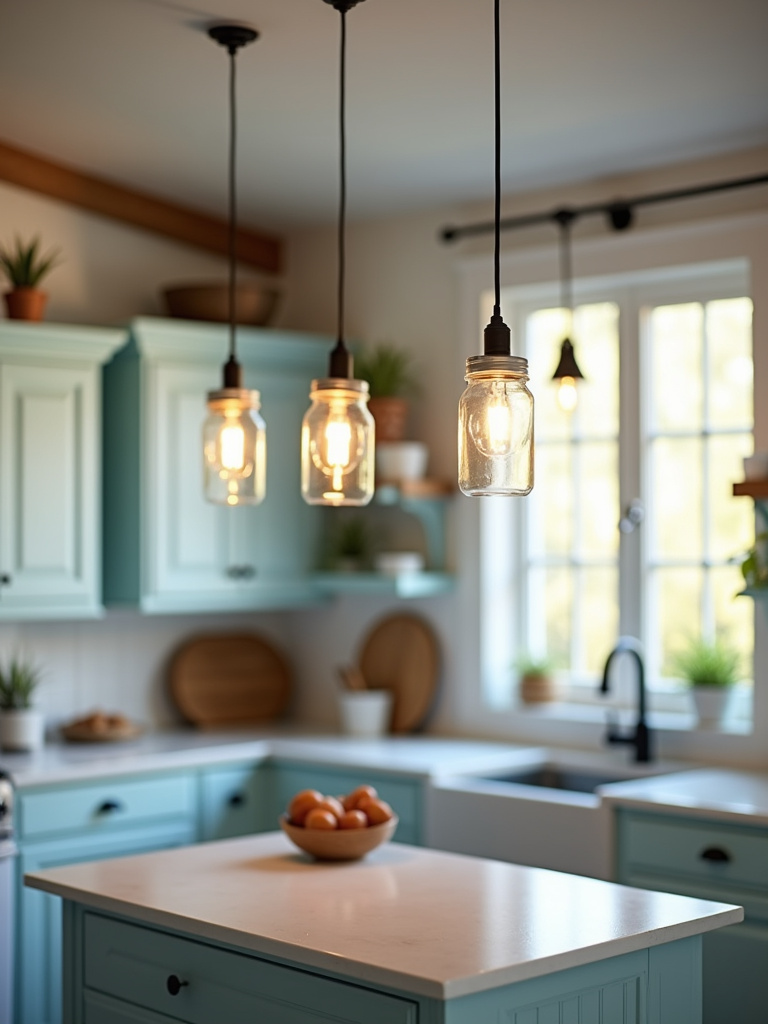 Quaint farmhouse kitchen island illuminated by mason jar pendant lights.